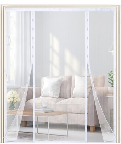Mosquitera Puerta Magnética 200x210cm,Cortina Mosquitera Puerta Exterior con Imanes,Transpirables, Doble Apertura Lateral Cortina Antimoscas de Malla Antimosquitos,para Balcon Patio Corredera,Blanco