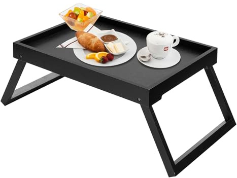 Kaukinye Bamboo Bed Tray Table with Foldable Legs, Breakfast Tray (Black)