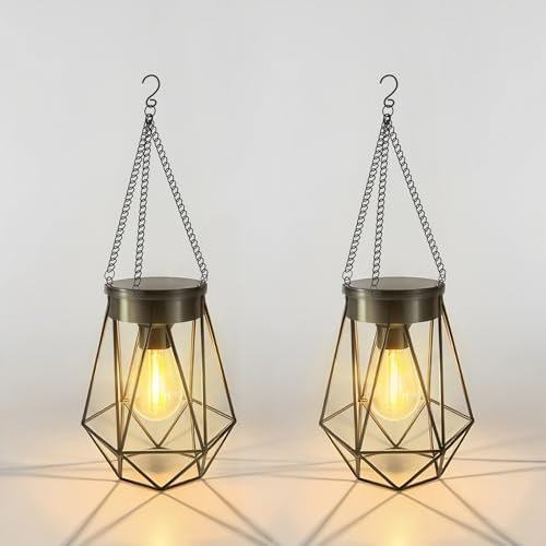 Liuyife Metal Solar Lantern Waterproof IP65, Auto On Off 2 Pack Hanging Lanterns with Bulb Chain Hook, Outdoor LED Solar Garden Lights for Patio Decoration Lawn Table Fence Ornaments