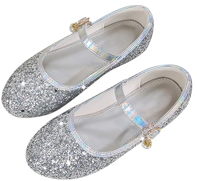 FGUUTYM Sandali per bambini Mary Jane Scarpe basse con cristalli, traspiranti, con paillettes, per feste e ragazze, da sera, per bambini, ballerine piatte, argento, 33 EU