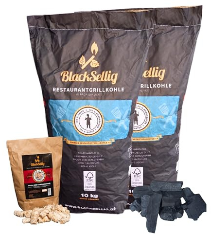 BlackSellig Carbone per barbecue da ristorante, qualità professionale da foreste sostenibili, certificato FSC (20 kg + lana di accensione)