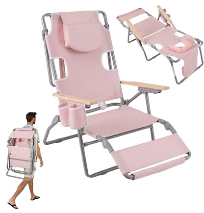 COSTWAY 3-in-1 Foldable Beach Chair, Lay-Flat Tanning Recliner with Face Hole, Footrest, Adjustable Backrest and Pillow, Portable Reclining Lounge Chair for Camping Poolside Lawn (Pink)