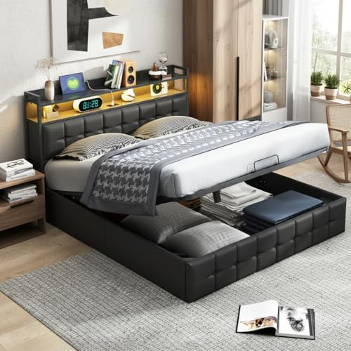 BLSYHDH - Cama con maletero de 140 x 190 cm, LED, cama acolchada hidráulica con puerto USB y almacenamiento doble para 2 personas (negro+PU-1, 140 x