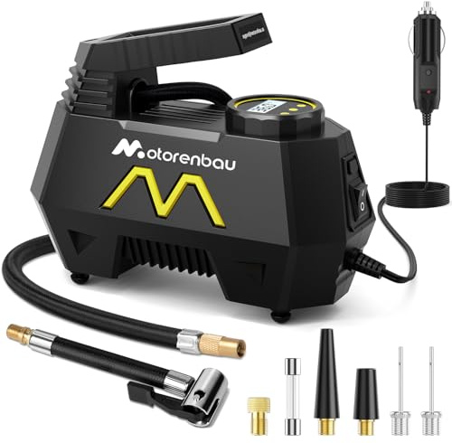 Motorenbau Compresor Aire Portatil, Inflador Ruedas Coche 150 PSI, Inflador de Neumáticos de 12 V CC con Manómetro Digital y Luz LED para Neumáticos de Auto, Motos y Bicicletas, Amarillo