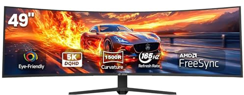 CRUA 49 Inch Ultra-Wide Curved Gaming Monitor 165Hz 32:10 DFHD 5120 x 1440, 1500R Immersive Screen, AMD FreeSync, Height Adjustable, 120% sRGB HDR, HDMI 2.1 & DP 1.4, VESA Mount – Black
