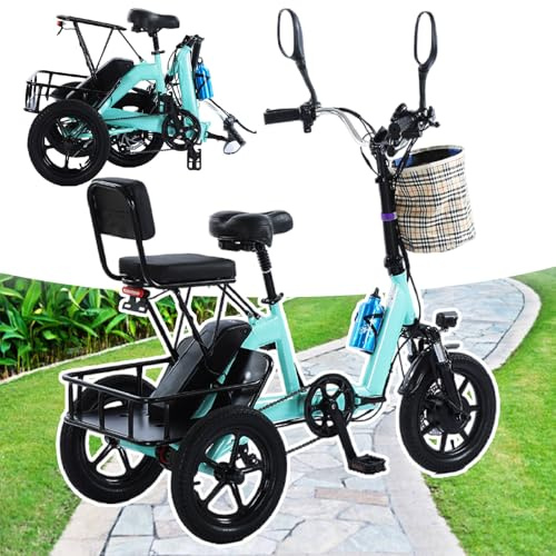 Sushangmao Triciclo Elettrico Pieghevole da 14 Pollici per Adulti/Triciclo Elettrico da 350 W, capacità di Carico 135 kg, Autonomia 35-40 Km/H con Porta Cellulare Regolabile,Portabicchieri Green