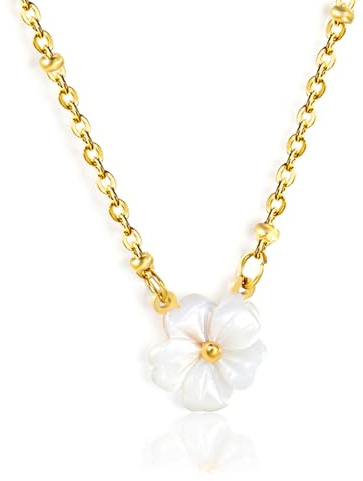 VeroSteel blommigt snäckhalsband för kvinnor, elegant satellitkedja i rostfritt stål med naturligt snäcka blomhänge, sommar strand plumeria handgjorda smycken, trendiga vita blommor hänge halsband