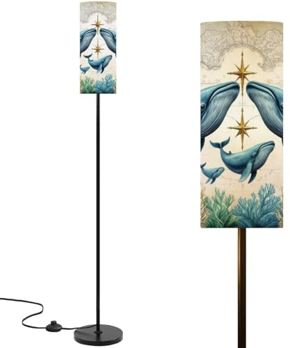 Floor Lamp Ocean Animal Whales Star Coral Map Painting Detailed Whimsical Nature Dimmable Modern Standing Lamp with Lampshade Remote Footswitch Tall Pole Corner Lamp for Living Room Bedroom Office