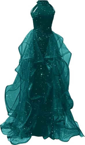 WSEYU Hög hals paljetter vardaglig brudklänning för bröllop bal klänning veck cocktailklänningar plusstorlek, grön (Peacock green), 58/Plus