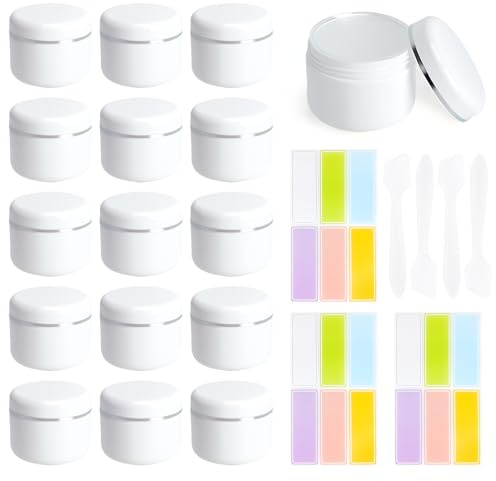 15 Stück Cremedosen zum Befüllen 50ml Set,Kosmetikdosen mit Schraubverschluss Cremetiegel Salbendosen mit 4 Spateln & 3 Etiketten Leere Creme Tiegel für DIY Kosmetik Reise & Aufbewahrung