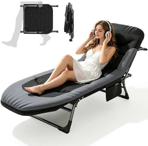 KaO0YaN Lit de camp pliable avec coussin de nuque et poche latérale - 190 x 65 x 30 cm - Charge maximale : 150 kg - Pliable - Léger - Compartiment réglable - Pour jardin, voyage, festival (noir)