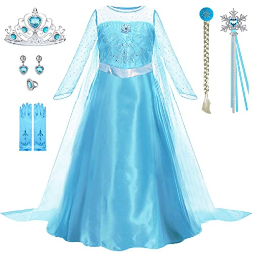 LiUiMiY Deguisement Robe Princesse, Costume Enfant Fille d’halloween Carnaval Cosplay Anniversaire Fête avec Gants Baguette magique Tresse Couronne, Bleu, 104-110 (étiquette 110)