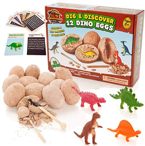 Prehistoric World Dinosaur Toy - Dinosaurs Egg Dig Kit - Dino Egg Excavation Kits For Kids - Includes 12 Eggs & Figures Plus 12 BONUS Educational Cards - Dinosaur Toys For Boys Age 3 4 5