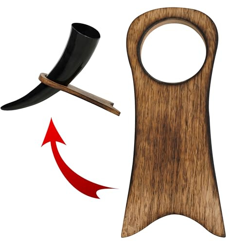 Mythrojan Estante de Madera Maciza para Cuerno de Beber, Soporte de Hidromiel Vikingo Medieval Hecho a Mano, Elegante Exhibición para Cuernos Vikingos - Acabado Natural