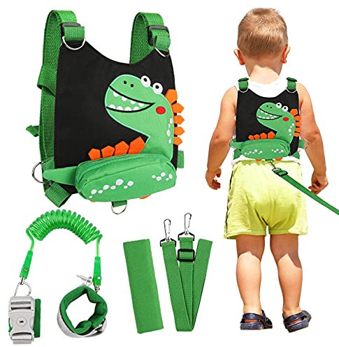 Kinder Sicherheitsleine, Zhiwei Kinder Laufgeschirr 4-in-1-Set, Cute Dinosaur Rucksack, Anti-verloren Gürtel Handgelenk Leine, Anti-lost Harness für Draußen (Schwarz)