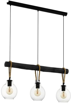 EGLO Pendelleuchte Roding, 3 flammige Hängelampe vintage, Hängeleuchte aus Glas in Klar, Metall in Schwarz, Holz und Naturseil, Esstischlampe, Wohnzimmerlampe hängend mit E27 Fassung