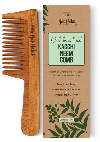 Nat Habit - Back To Natural Secrets Everyday Kacchi - Pettine in legno per uomo e donna, trattato con olio di Neem, Bhringraj e 17 erbe (a denti larghi), lunghezza 18-20 cm, marrone