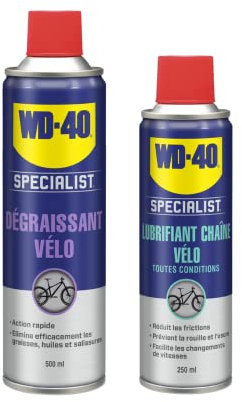 Kit Essentiel Entretien Chaîne Vélo WD-40 SPECIALIST, Dégraissant Vélo 500ml + Lubrifiant Chaine Vélo Toutes Conditions 250ml