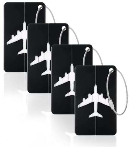 Vicloon Viaggio Bagagli Tag, 4 Pezzi Etichette per Bagagli in Alluminio con Anelli in Acciaio, Etichetta per Valigie per Identificare Bagagli, Luggage Tags per Aereo Bagaglio, Valigie e Zaini, Nero