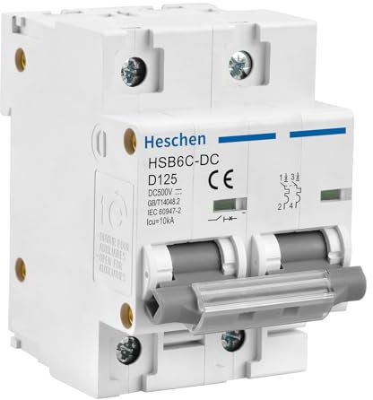 Heschen DC Miniatur-Leistungsschutzschalter, HSB6C-DC, 2 Polig, DC500V 125A, Photovoltaik-Leistungsschalter, für Solar-PV-Anlage Solarzellen Gittersystem, 35mm DIN-Schienenmontage
