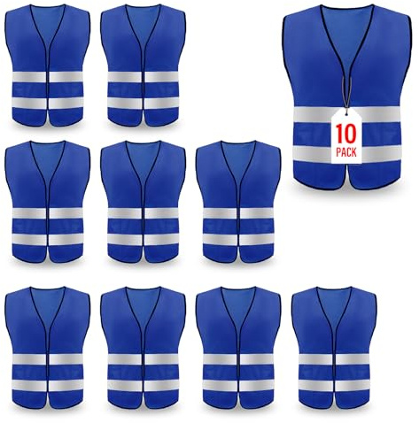Safety Vests 10 Pack, Reflective High Visibility Vest,Hi Vis Reflective Strip, Men Women, Surveyor, Volunteer, Construction(Blue, 10)