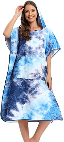FLYILY Mikrofiber surfponchohandduk med huva badrock för simning och strandbyte, en storlek passar alla vuxna (blåTryck)