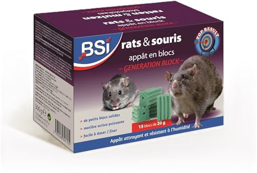 BSI - Anti Rats Et Souris - 300g - Blocs - Efficacité Rapide - Radicale - Generation Block - 15x20g - Prêt A l'emploi - Haute Qualité - Zones humides - Autour comme dans La Maison