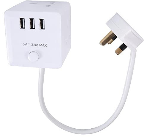 PRO ELEC PELB1480 Cube Mains Extension Lead with USB Charging, 3 Gang, 1m, White