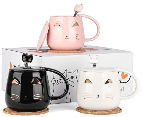 DONGSHANGIFT Juego de 3 Tazas de Cerámica con Tapa, Cuchara y Posavasos Taza de Café para Mujeres, Niños y Amantes de los Gatos 13oz/380ml Taza de Cumpleaños y Gatos (Negro, Blanco, Rosa)