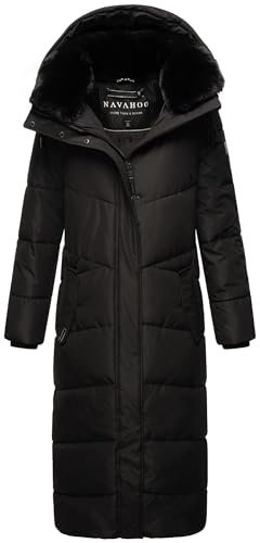 Navahoo Damen Wintermantel Warmer Steppmantel extralang mit Abnehmbarer Kapuze Hingucker XIV Black Gr. M