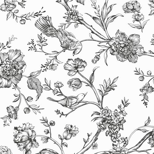 CiCiwind Selbstklebende Tapete Blumen 44×300cm Schwarz und Weiß Tapete Blume und Vögel Wandverkleidung Selbstklebend Verdicken Möbelfolie Selbstklebend Wasserdicht Wand Möbel Dekorativ Klebefolie