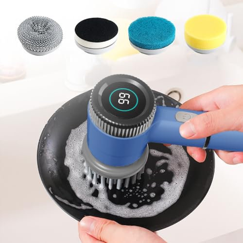 Kocusu Spin Scrubber Brosse électrique avec affichage LED, Power Scrubber avec 5 têtes de brosse, nettoyeur de joints électrique, étanche IPX7, pour bol, carrelage, cuisine (bleu)