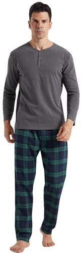 YUSHOW Pijama Hombre Invierno Pijama con Manga Larga Polar y Pantalón Largo de Algodón a Cuadros Conjunto de Pijama Cómodo y Calentito,Gris + Verde a Cuadros,XL