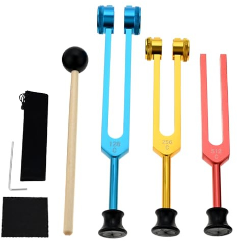 DRELD Tuning Forks Healing -128Hz, 256Hz, 512Hz Tuning Fork with Rubber Base for Chakra Frequency Healing, Sound Therapy, DNA Repair with Cleaning Cloth, Allen Key and Silicone Hammer (Colorful)