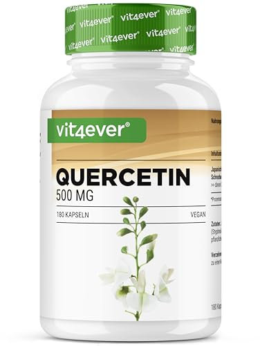 vit4ever Quercetin - 500 mg - 180 Kapseln - 6 Monatsvorrat - Premium: Natürlicher 15:1 Schnurbaum-Blütenextrakt mit 95% Quercetingehalt - Hochdosiert- Vegan