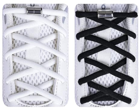 Olukssck 2 Paires Lacets Élastiques pour Enfants et Adultes | Caoutchouc avec Fermeture en Métal - sans Laçage | Sport de Chaussures pour Toutes Les Chaussures, Noir+Blanc
