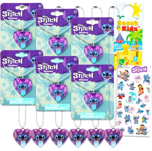 Disney Colliers de fête d'anniversaire Stitch pour enfants – Lot de 6 plaques d'identité pour filles et plus d'autocollants, plus | Lilo and Stitch Fournitures de fête d'anniversaire pour remplir les