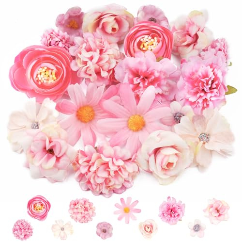 20 PCS Artificial Flower Heads, Realistic Flowers for Cake Deco-10 Styles | Mini Pink Flower Heads for DIY Crafts, Hair Accessories, Cake Deco, Gift Wrapping, Wedding & Home Decor, Pink