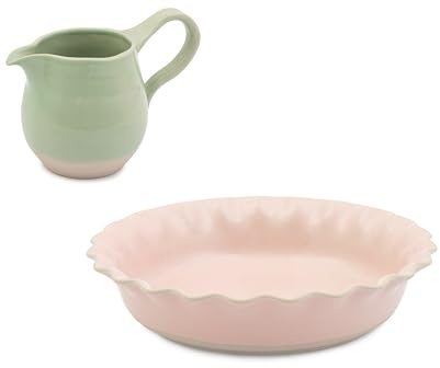 Jamie Oliver Big Love Tarte-Set, rosa runde Tarteform aus Steingut, gewellter Rand, 28 x 28 cm, grüner Krug mit glänzender Glasur, 650 ml, 19 x 11 cm, mikrowellen-, ofen- und spülmaschinenfest