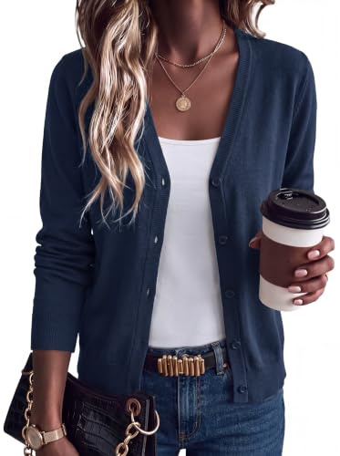 Arach&Cloz Women's Wool Business Casual Fall Cardigan Sweaters Navy L