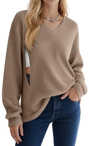 Sweetyweee Women’s Waffle Knit Nursing Shirts, Long Sleeve Oversized Breastfeeding Tops Hidden Zipper V Neck Maternity Tops(Coffee,X-Large)