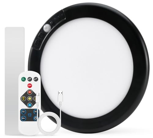 Combuh Uppladdningsbar Sladdlös Taklampa LED, Rörelsesensor USB Batteridriven Badrumslampa, 20cm Dimmbar Garderobslampa med Timer Fjärrkontroll, 3000K-6000K för Garage Hall Trappa Entré, Rund, Svart