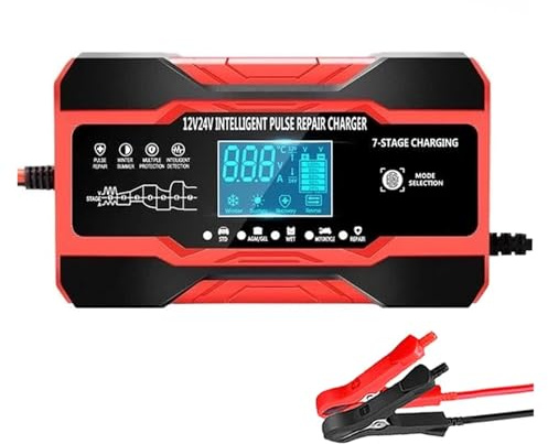 Chargeur De Batterie De Voiture 12V 12a 10a, 240W 180W, Entièrement Automatique, Charge À 7 Niveaux, Réparation D'impulsions for Gel AGM, Acide De Plomb Humide Facile à Utiliser(12 to 24V 10A Red)