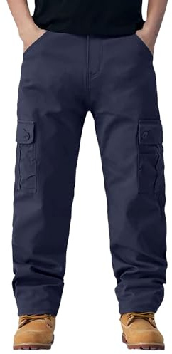 Pantalones cargo de invierno para hombre con forro polar acolchado, pantalones de trabajo gruesos y cálidos con 6 bolsillos para correr al aire libre, senderismo, clima frío, ajuste suelto, azul