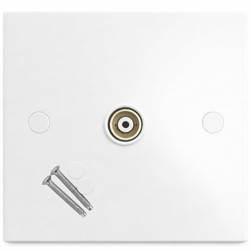 Single Flush Coaxial TV Aerial Socket – Square Edge TV/FM Coax Wall Faceplate Outlet, White Finish, Easy Install with Screws & Caps, 86mm x 86mm