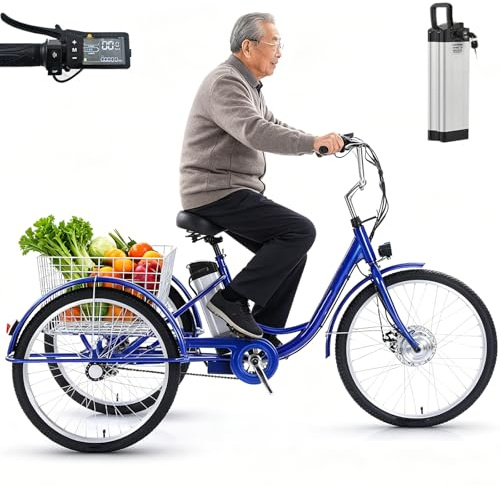 ZHZWwansuGE Triciclo Per Adulti Da 24, Bici Elettrica A 3 Ruote Con Pneumatici Fat, Con Batteria Rimovibile Da 36V 12Ah (Autonomia: 35km), Capacità Di Carico 150kg, Con Display Lcd + Cestino Blue
