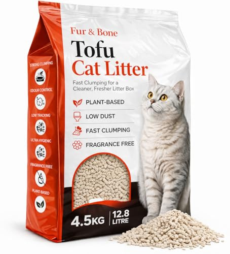 Fur & Bone Clumping Cat Litter 4.5kg - Low-Dust Tofu Litter - Flushable | Fast Clumping Tofu Cat Litter, Dust-Free, Odour Control, Plant-Based, Unscented, Hypoallergenic, Eco-Friendly, Easy Scoop