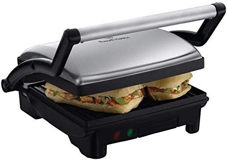 Russell Hobbs Sandwichera Cook@Home - Grill 3 en 1: Panini, Plancha y Parrilla, Apertura 180°, Revestimiento Antiadherente, Fácil Limpieza, Indicador Luminoso, 1800 W, Plata y Negro - 17888-56