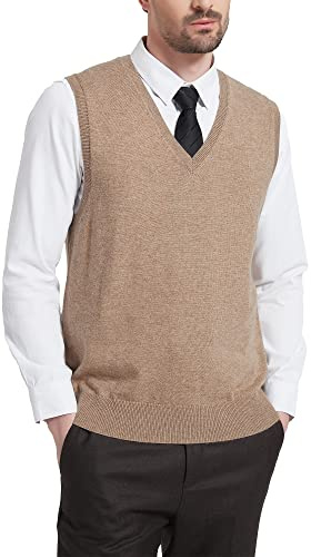Kallspin Men’s Wool Blend Sweater Vest Sleeveless Jumper V Neck Pullover Smart Casual Knitwear(Coffee, L)