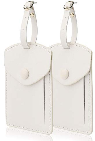 Kevancho Leather Smart Luggage Tags for Men Women, Suitcase Labels Baggage Tote Bag Tag ID Tags with Full Back Privacy Cover for Carnival Cruise Ships, Travel Accessories Tags Set of 2 PCS(White)